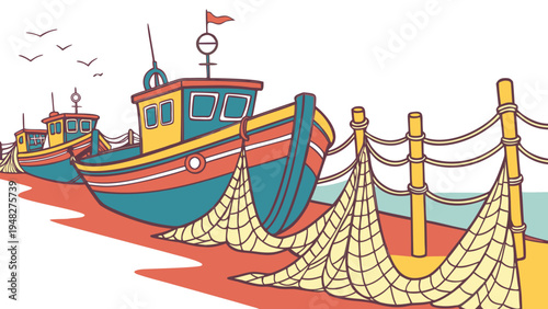 a colorful fishing boat sitting on the dock Vector