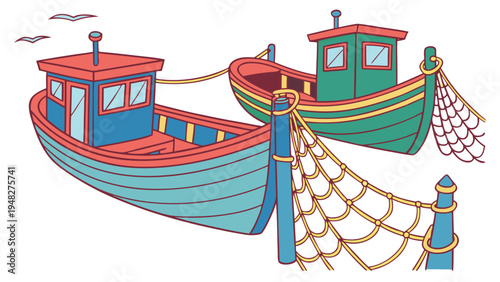 Two colorful fishing boats with nets Vector