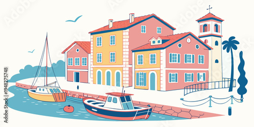 a colorful illustration of a waterfront building with boats Vector