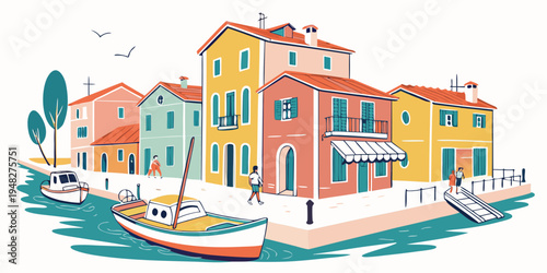 a colorful illustration of a waterfront town with boats Vector