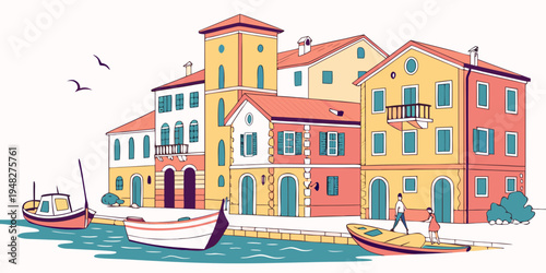 colorful buildings by the waterfront in a small town Vector