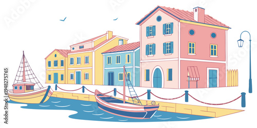 a colorful harbor with boats and buildings Vector