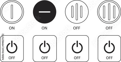 Power button icon set featuring various on and off switch symbols in circular and square frames cad drawing flat vector illustration
