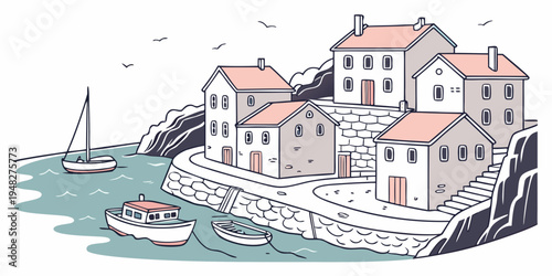 a small coastal village with boats and houses Vector