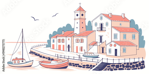 a picturesque coastal town with a sailboat and buildings Vector