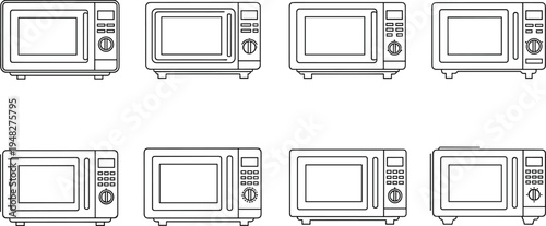 Microwave oven line icon set featuring various kitchen appliance designs with digital displays, buttons, and control knobs for home cooking.