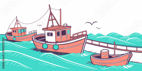 three boats are floating on the water with seagulls flying overhead Vector