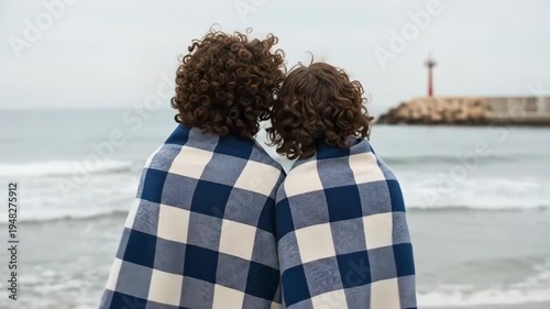 A couple wrapped in blankets watching a serene ocean view in a peaceful