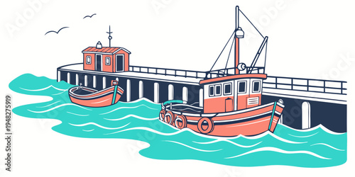 Two boats are docked at a pier in the water Vector