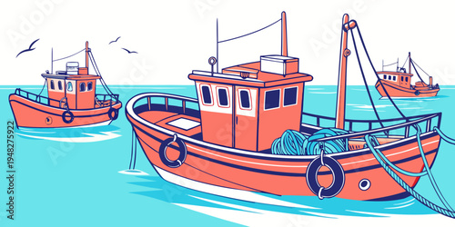 three orange fishing boats floating on the water Vector