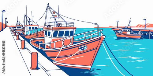a large orange boat sitting on a dock Vector