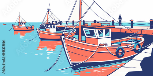 a red boat sitting on a dock with other boats Vector