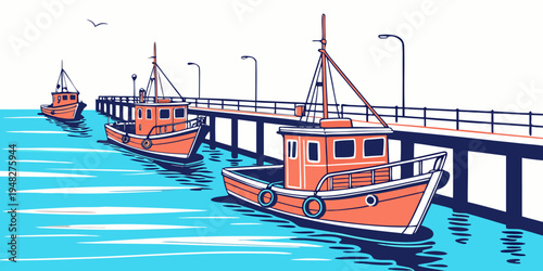 a row of orange boats docked at a pier Vector