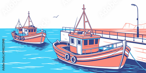 two orange boats are docked at a pier Vector