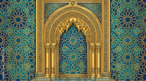 Intricate islamic golden archway with vibrant blue green mosaic tiles and ornate patterns