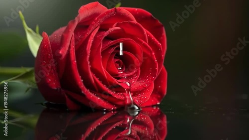 A beautiful red rose with dew drops on its petals in a dark background