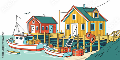 a colorful dock with houses and boats by the sea Vector