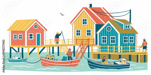 a colorful illustration of houses on stilts with boats Vector