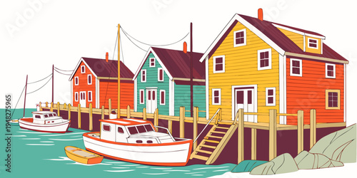 a colorful row of houses on a dock by the water Vector