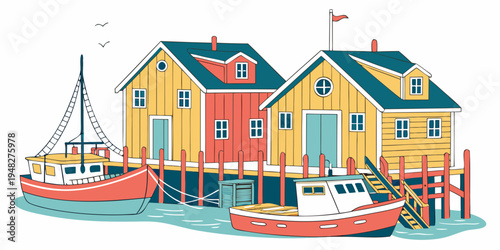 a colorful illustration of a dock with houses and boats Vector