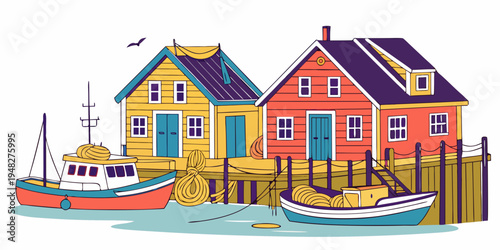 colorful houses and boats by the waterfront Vector