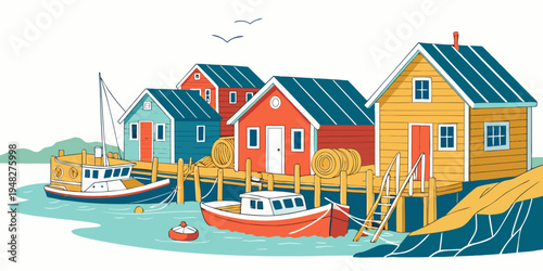 a colorful illustration of a small coastal village with houses and boats Vector