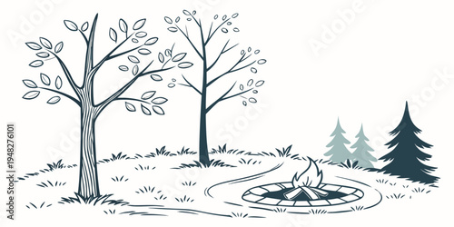 a snowy landscape with trees and a frozen pond Vector