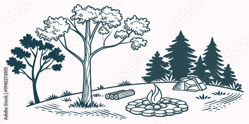 a forest scene with trees and a fire pit Vector