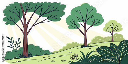 a serene landscape with trees on a green hill Vector