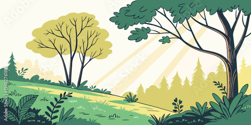 a serene landscape with trees on a sunny hillside Vector