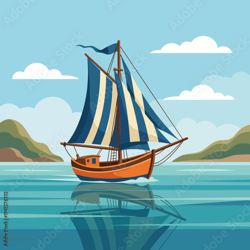 This picturesque image showcases a colorful sailboat gliding peacefully on serene waters, capturing the essence of adventure, relaxation, and natural beauty in design.