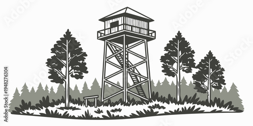 a fire lookout tower in a forest with trees Vector