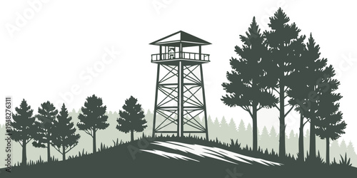 a tall fire lookout tower on a hill surrounded by trees Vector