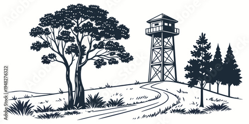 a tower and trees on a hill Vector
