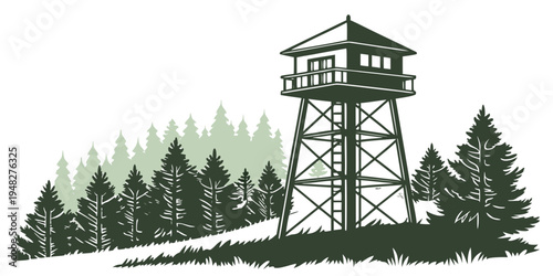 a tall fire lookout tower with a balcony and a peaked roof Vector
