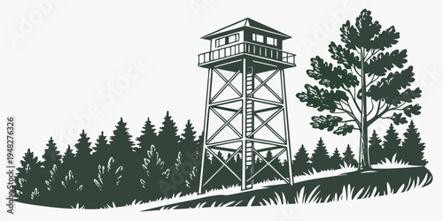 a fire lookout tower in a forest with trees Vector