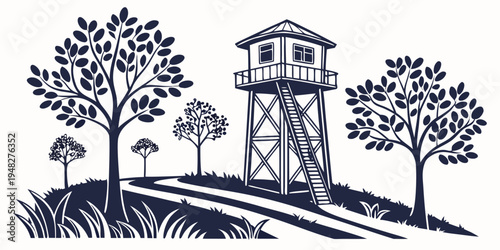 a tall tower on a hill surrounded by trees Vector