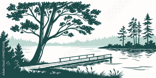 a tree stands by a lake with a wooden dock Vector