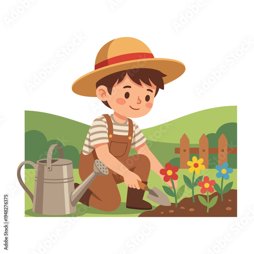 A young child happily tending to a vibrant flower garden, showcasing the joys of nurturing plants, creativity, and the connection to nature through gardening.