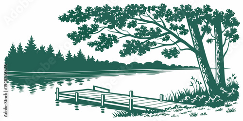 a green illustration of a tree and a dock on a lake Vector
