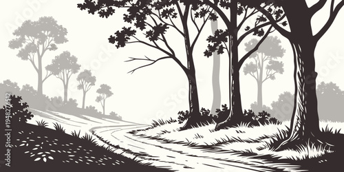 a black and white illustration of a dirt road lined with trees Vector