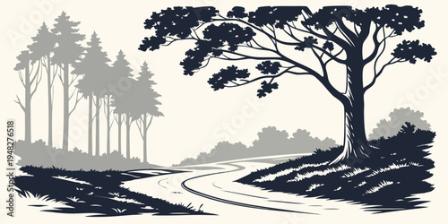 a black and white illustration of a tree on a hill Vector