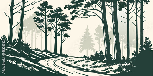 a forest road with trees on both sides Vector