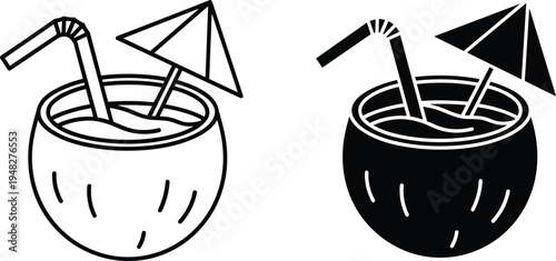 Coconut, cocktail, drink, summer, beach, tropical, vacation, icon, set, beverage, straw, umbrella, flat, vector, illustration, isolated, line, black, silhouette, graphic.
