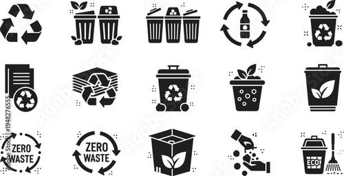 Recycling and zero waste solid icon set with compost waste management eco sustainability illustration