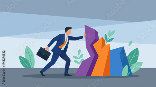 The image portrays a businessman determinedly pushing a colorful graph upwards, symbolizing ambition, growth, and the pursuit of success in a modern professional environment.