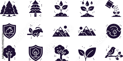 Nature and environmental protection solid icon set with tree planting mountain wildlife ecology illustration