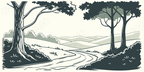 a black and white illustration of two trees on a hill Vector