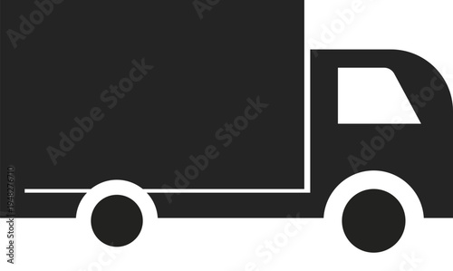 A stark black and white silhouette of a delivery truck is presented against a clean white background illustrating transportation