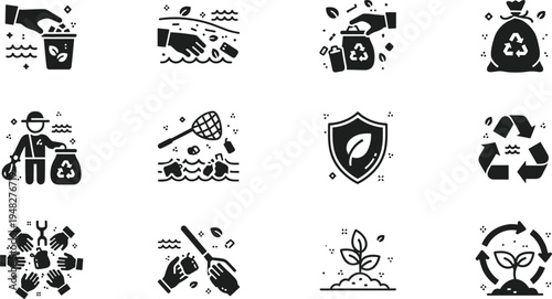 Environmental protection and recycling solid icon set with waste cleanup tree planting eco conservation illustration